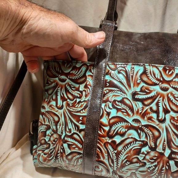 Brown and Green Embossed All Leather Patricia Nash Tote - Picture 13 of 16